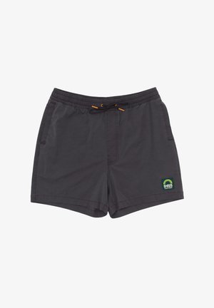 Herren Badeshorts aus dunkelgrauem Stoff mit elastischem Bund und Kordelzug. Mit Fronttaschen und einem grünen Logo-Patch.