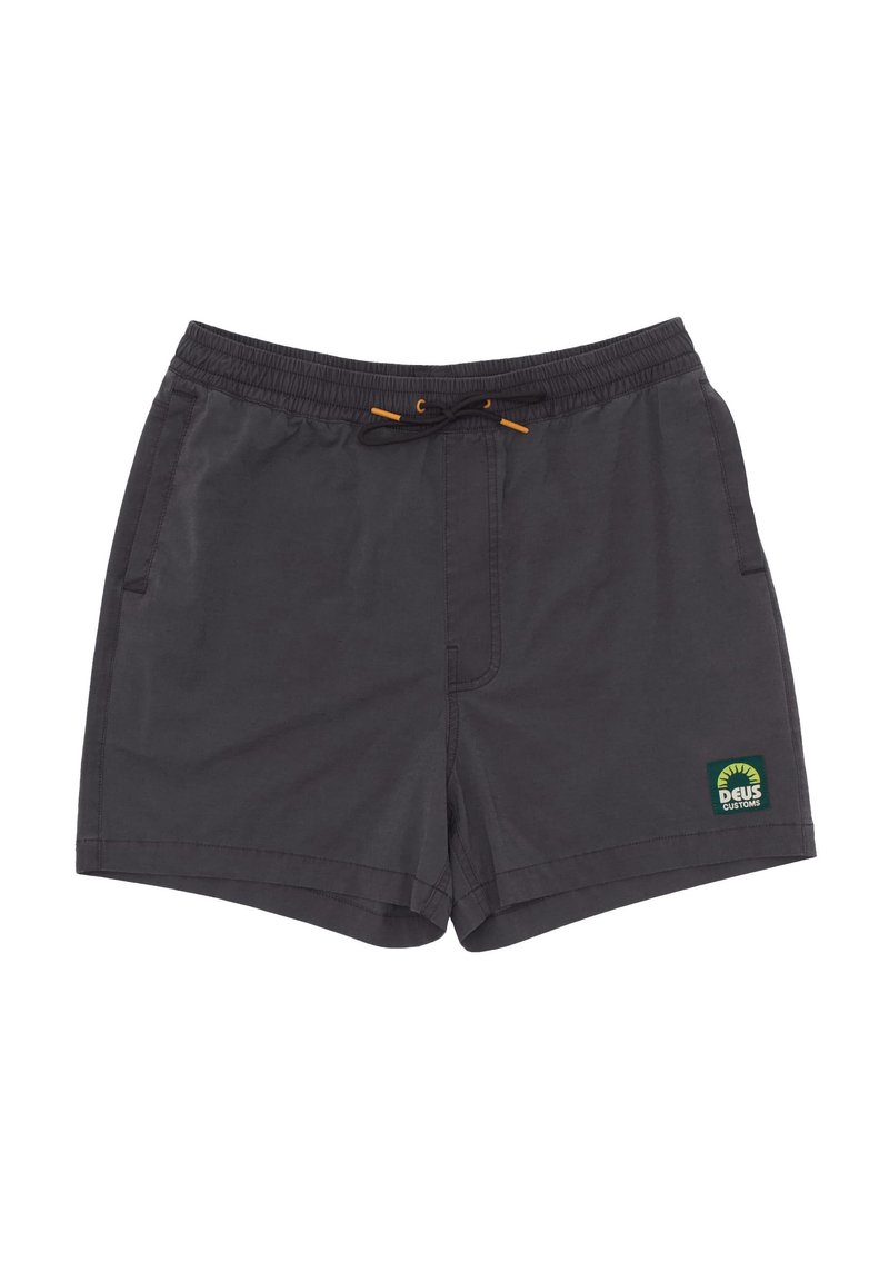 Men's swim shorts in dark gray fabric with an elastic waistband and drawstring. Features front pockets and a green logo patch.