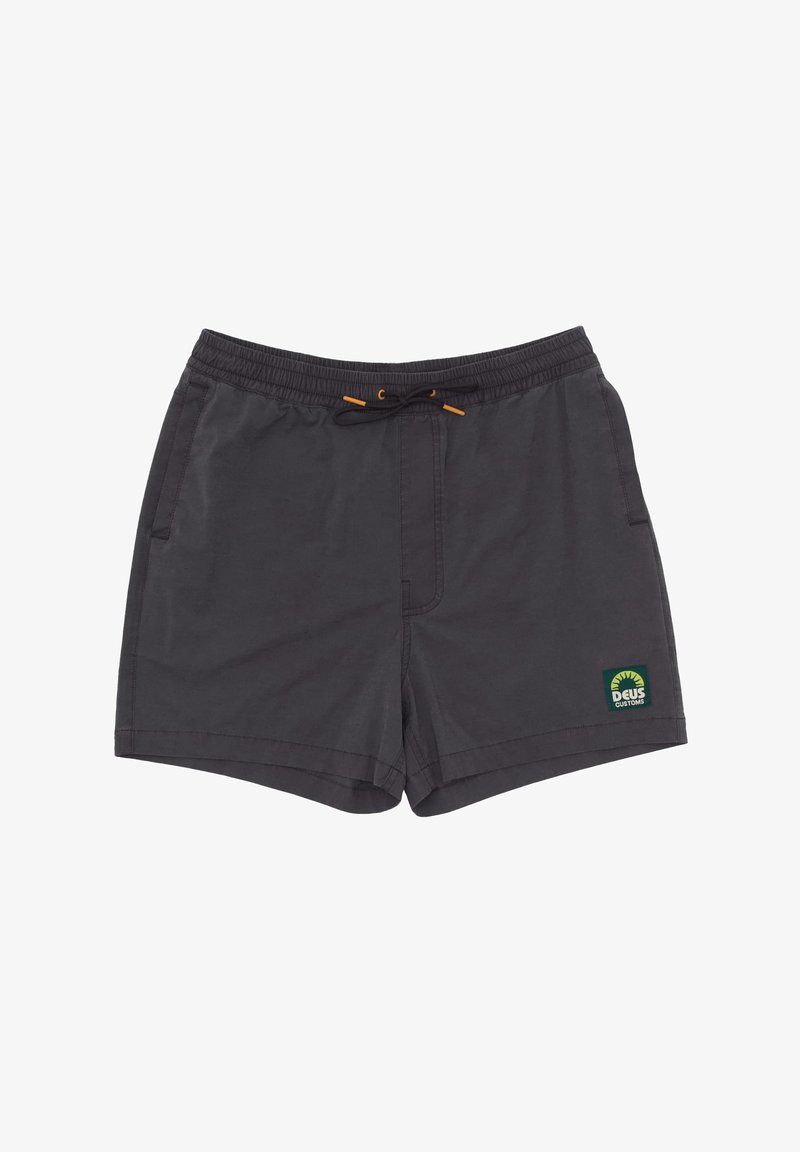 Men's swim shorts in dark gray fabric with an elastic waistband and drawstring. Features front pockets and a green logo patch.