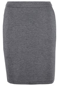 Jupe crayon grise longueur genou avec une taille ajustée et une texture de tissu lisse et unie.