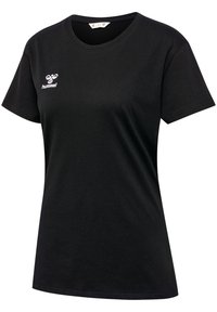 Tricou negru cu mânecă scurtă, realizat din bumbac moale; prezintă un logo alb Hummel pe piept și un decolteu rotund. Ajustare standard, textură netedă.
