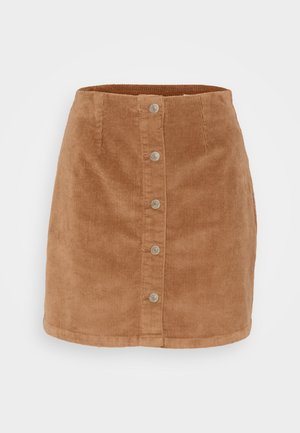 Corduroy mini skirt in light brown featuring a button front, seven silver-tone buttons, and a textured, ribbed fabric.