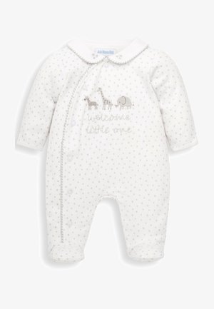 Body din bumbac alb pentru bebeluși cu un model de stele gri, dotat cu animale brodate—zebră, girafă, elefant—și textul "bun venit, micuțule."