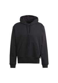 Svart hettegenser laget av myk stoff, med kengurulomme, snor i hetten og ribbede mansjetter. Enkelt, minimalistisk design.