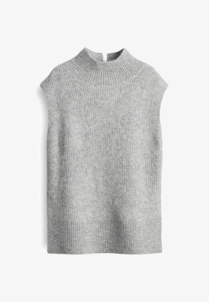 Light gray sleeveless knit sweater with ribbed high neck and hem, laid flat on a white background.