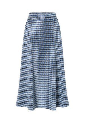 Blauwe en witte rok met een houndstooth-patroon, uitlopende vorm, elastische tailleband, kniehoogte, textuur van geweven stof.