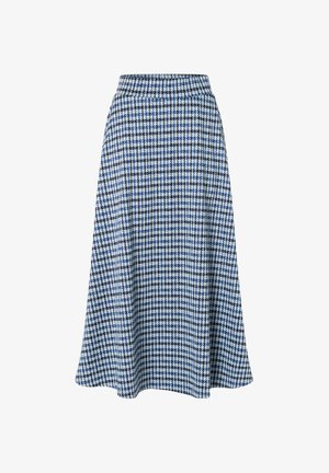 Blau-weißer Rock mit Hahnentrittmuster, ausgestellt, mit elastischem Bund, knielang, aus strukturiertem Gewebe.