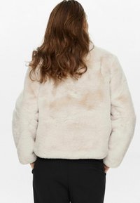 Veste en fausse fourrure de couleur beige clair, avec une coupe décontractée, des manches larges et une texture douce et pelucheuse. Vue arrière sans caractéristiques sur fond blanc.
