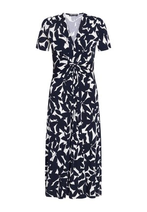 Black and white floral patterned midi dress with short sleeves, V-neck, and gathered knot detail at the waist.