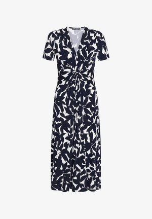 Black and white floral patterned midi dress with short sleeves, V-neck, and gathered knot detail at the waist.