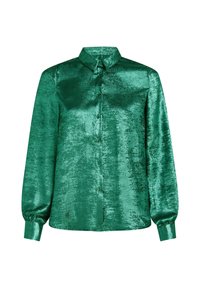 Groene metallic button-up shirt met een kraag, lange mouwen en een gladde textuur. Bevat een licht reflecterend oppervlak en gathered manchetten.