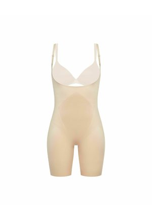 Naakte shapewear body met verstelbare bandjes, een gladde textuur en een naadloos ontwerp met een geometrisch patroon.