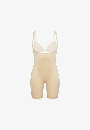 Nude shapewear bodysuit with adjustable straps, a smooth texture, and a seamless design featuring a geometric pattern.
