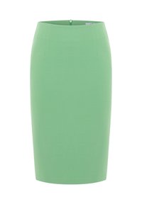 Jupe crayon verte en tissu texturé, avec une fermeture éclair cachée à l'arrière et une silhouette ajustée.