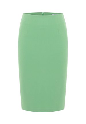 Green pencil skirt made from textured fabric, featuring a hidden zipper at the back and a fitted silhouette.