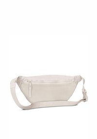 Marsupio beige con un design a rete testurizzata. Presenta un compartimento con zip e una tracolla regolabile per l'indossabilità. Compatto e leggero.