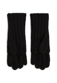 Black knitted fingerless gloves with ribbed texture, soft material, and a snug fit around the wrists, providing warmth without full hand coverage.