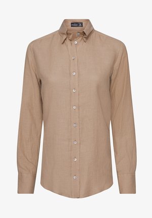 Chemise marron clair à manches longues avec col, boutons à l'avant et poignets, en tissu texturé.