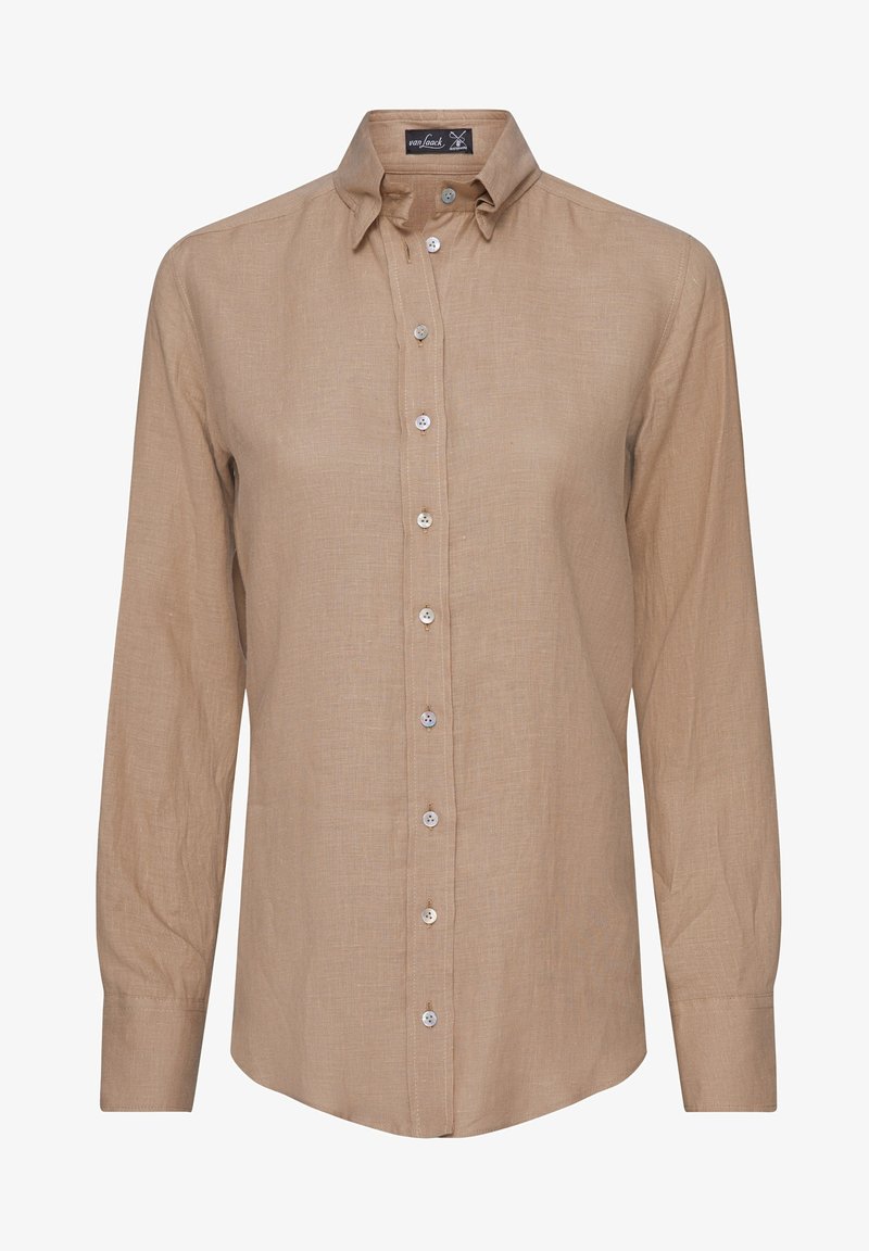 Chemise marron clair à manches longues avec col, boutons à l'avant et poignets, en tissu texturé.