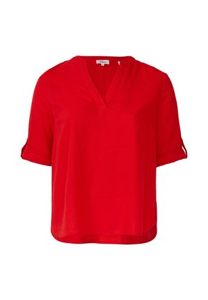 Rood kortekleurige blouse met een V-hals, opgerolde mouwen en een losse, relaxte pasvorm. Gemaakt van lichte stof met een gladde textuur.