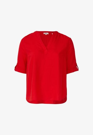 Rood kortekleurige blouse met een V-hals, opgerolde mouwen en een losse, relaxte pasvorm. Gemaakt van lichte stof met een gladde textuur.
