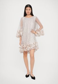 Robe transparente et pâle avec des embellissements floraux aux manches et à l'ourlet, présentant une coupe ample, des manches longues et un subtil éclat tout au long.