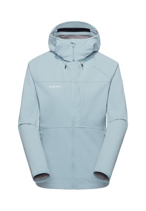 Light blue softshell jacket with hood, front zipper, chest pocket, and zipper hand pockets, designed for outdoor use.