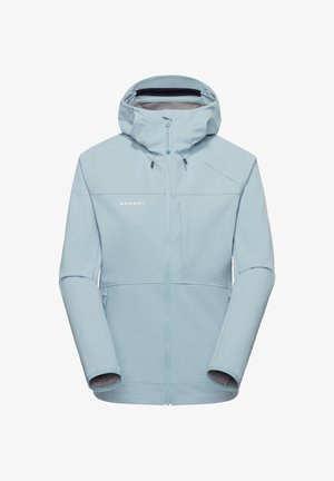 Light blue softshell jacket with hood, front zipper, chest pocket, and zipper hand pockets, designed for outdoor use.