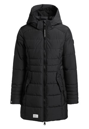Veste puffer noire avec capuche, fermeture éclair à l'avant et poches latérales. Présente un design matelassé et un petit logo sur l'ourlet inférieur.