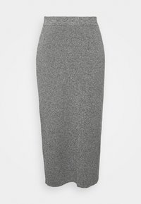 Szara, dzianinowa spódnica o długości do kolan w fasonie ołówkowym z dopasowanym pasem i prążkowaną teksturą. Prosty design bez widocznych wzorów lub akcentów.