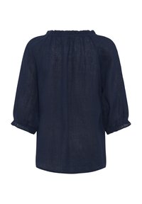 Navy blue linen blouse with elasticized neckline and three-quarter sleeves featuring gathered detailing at the shoulders and cuffs.