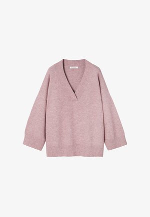 Pull en maille rose avec un décolleté en V profond, des manches larges et une finition côtelée. Texture douce et coupe décontractée.