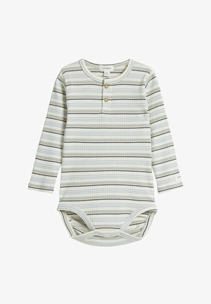 Light green long-sleeve onesie with horizontal stripes in dark green and blue. Features a round neckline and two front buttons.