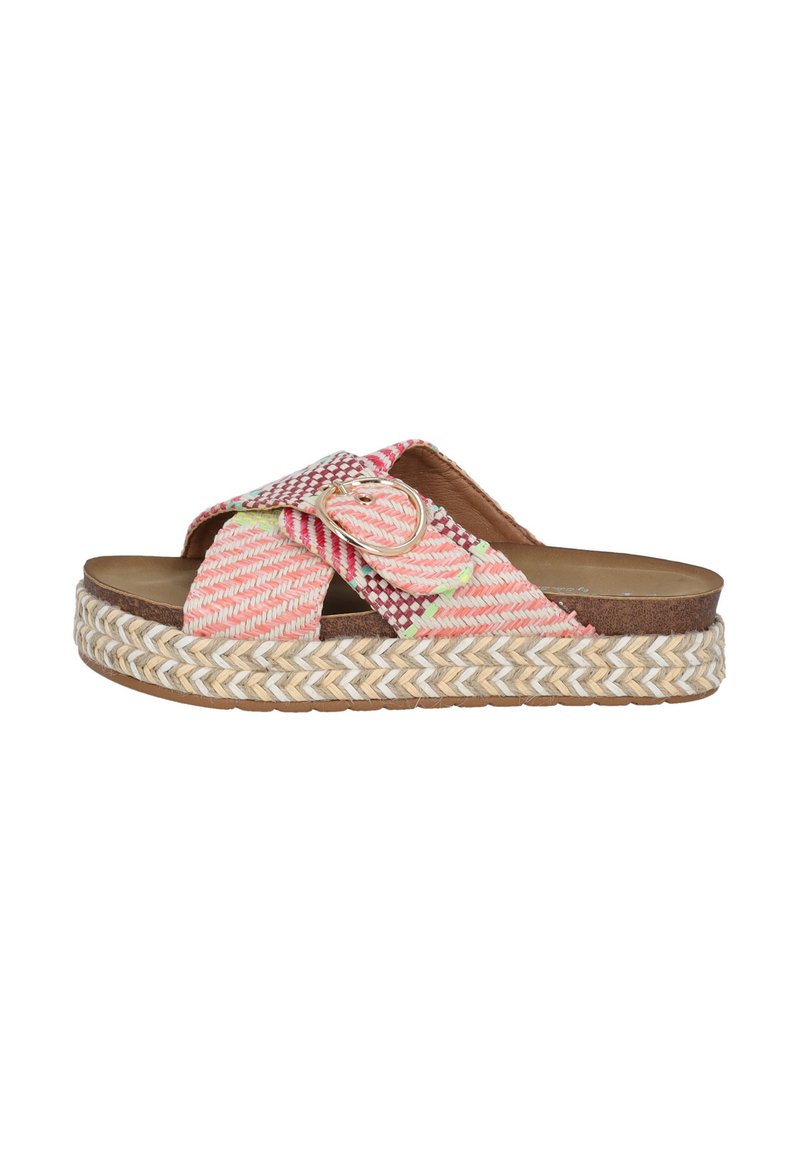 Geweven stoffen slip-on sandaal in roze en room, met een kruisbandontwerp, metallic gesp en een jute platformzool.