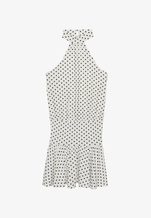 Biała sukienka bez rękawów typu halter z czarnymi kropkami, taliowana, z dekoltem typu keyhole i falbanianym dołem.