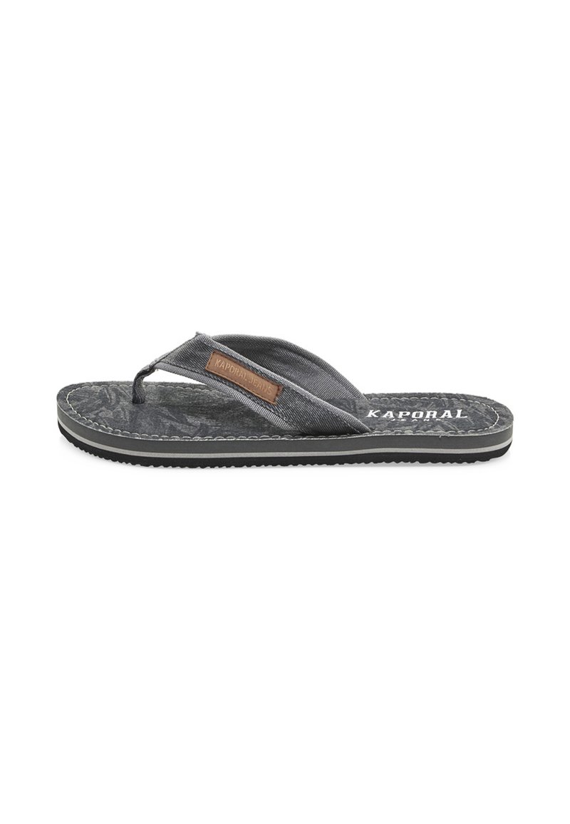 Gray flip-flop with textile strap, textured footbed, and black rubber sole. Kaporal Jeans logo displayed on the insole.