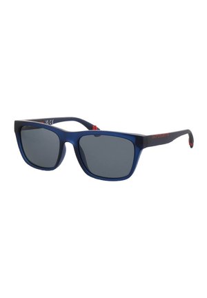 Rechteckige dunkelblaue Sonnenbrille mit schwarzen Gläsern und einem dezenten roten Markenzeichen am Bügel.