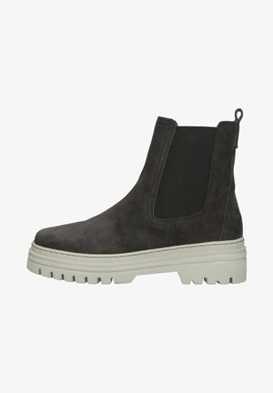 Dark grey suede ankle boot with elastic side panels, rubber sole, and thick white platform. Features stitching detail and pull tab.