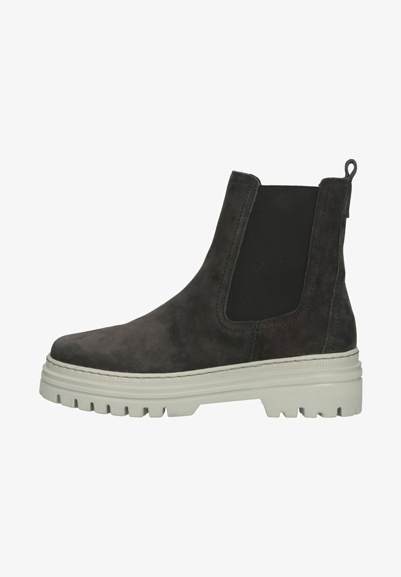 Graue Wildleder-Stiefelette mit elastischen Seitenpaneelen, einer dicken weißen Gummisohle und Nahtdetails entlang der Kante. Strukturierte Oberfläche mit minimalen Akzenten.