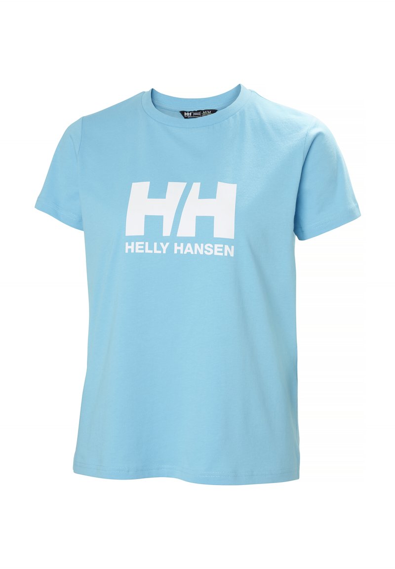 Světle modré bavlněné tričko s krátkými rukávy a kulatým výstřihem. Na přední straně je velké bílé logo "HH" a text "HELly HANSEN".