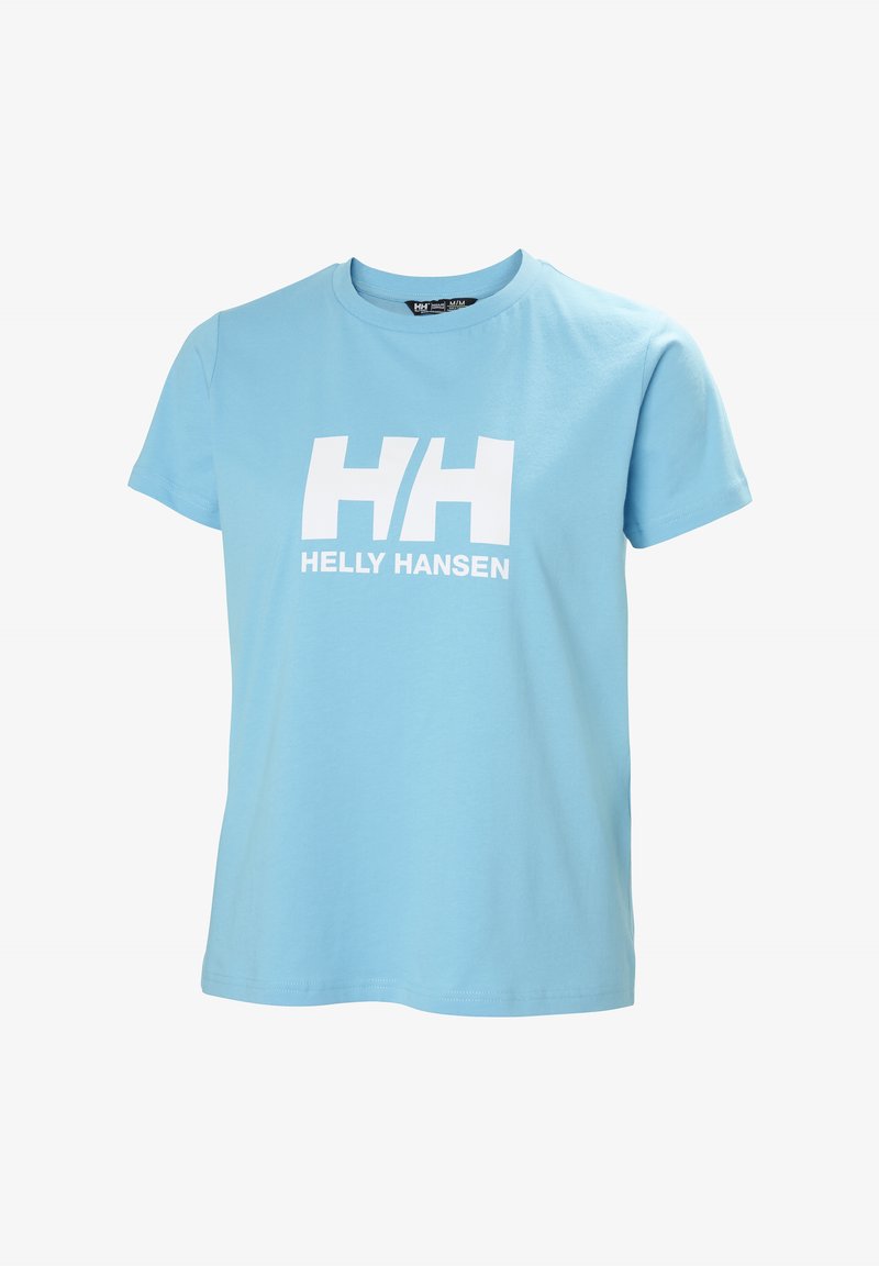 Světle modré bavlněné tričko s krátkými rukávy a kulatým výstřihem. Na přední straně je velké bílé logo "HH" a text "HELly HANSEN".