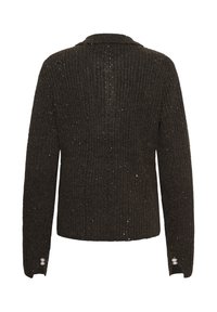 Tumši brūns ribots kardigans ar smalkām metāliskām pērlītēm, vienkāršs apkakle un pērļu akcenti uz aprocēm. Parasts piegriezums, garas piedurknes.