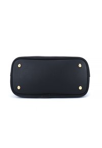 Black leather handbag base with gold-tone metal feet. Rectangular shape, smooth texture, and minimal design. Edges are softly rounded.