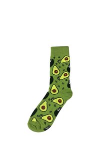 Calzini di cotone verde con un motivo ripetuto di avocado, con noccioli marroni e accenti verde scuro, texture morbida e bordo a costine.