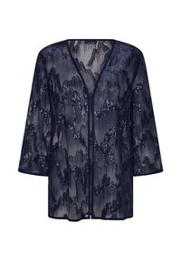 Marineblaue durchsichtige Jacke mit Paillettenmuster, Dreiviertelärmeln und V-Ausschnitt. Leichter Stoff mit fließendem Design und subtiler Schimmer.
