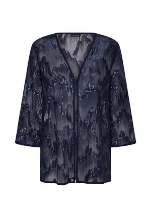 Veste en tissu transparent navy avec motif en sequins, manches trois-quarts et décolleté en V. Tissu léger avec un design fluide et un léger éclat.
