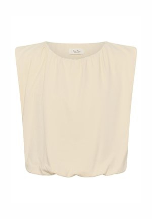 Blouse sans manches de couleur crème avec encolure froncée et coupe ample légèrement bouffante à l'ourlet.