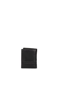 Portafoglio in pelle nera con una texture morbida, design compatto e un'unica striscia orizzontale come accentuazione sulla parte anteriore. Piegato in forma rettangolare.