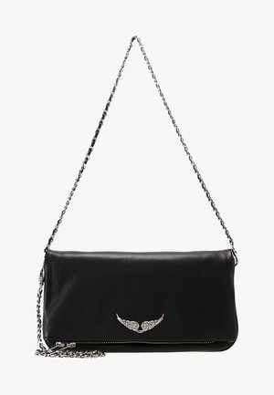 Black leather clutch bag with a silver chain strap, featuring a winged emblem in front, smooth texture, and zipper closure at the base.