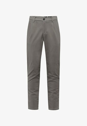 Pantaloni in velluto a coste grigi con vestibilità slim, dotati di chiusura con bottone frontale, passanti per cintura e due tasche laterali. Tessuto testurizzato con motivo a coste.